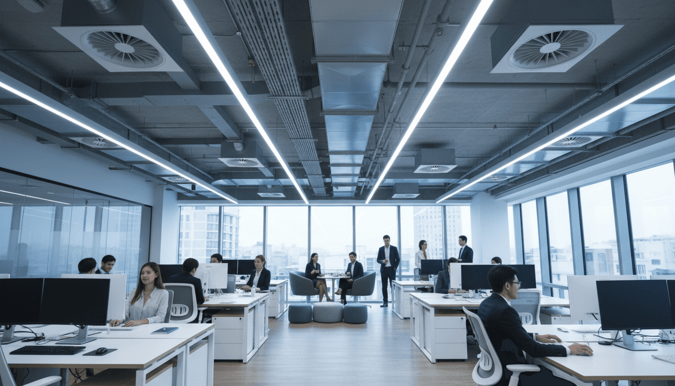 Modern commercial office with ceiling-mounted air conditioning units and professionals working in climate-controlled open-plan space