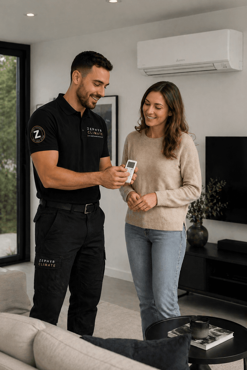 A Zephyr Climate technician demonstrates an air conditioning remote control to a customer at home.