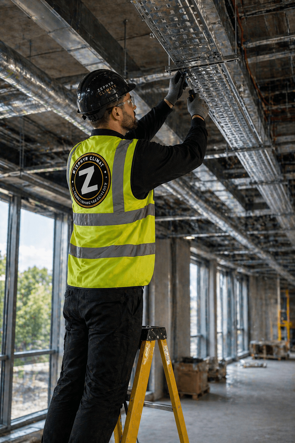 Worker in safety gear installs overhead metal cable trays while standing on a yellow ladder.